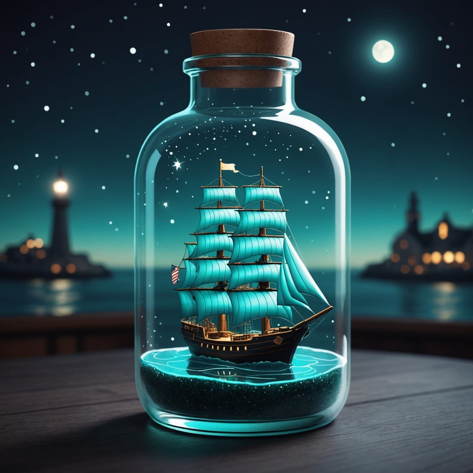 Ship in a Bottle Cartoon with Dark Teal Theme