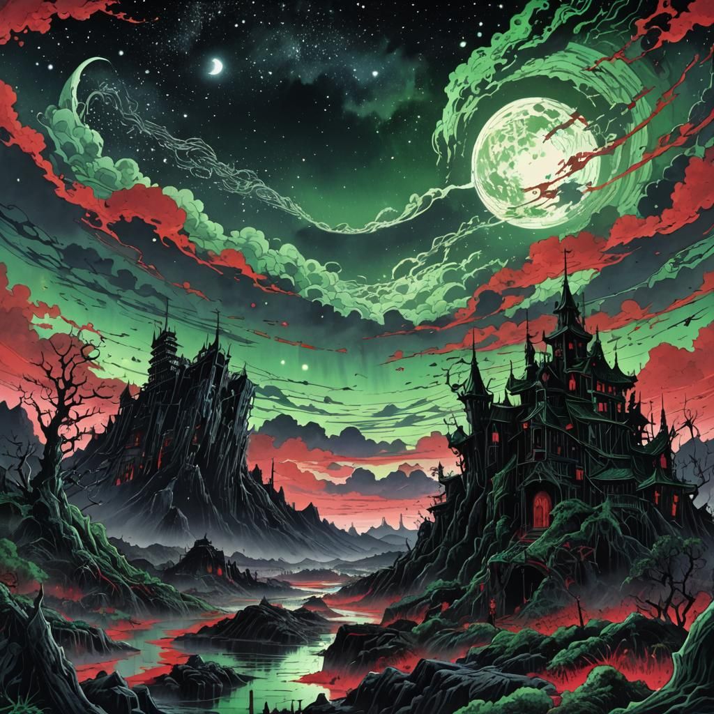 Eldritch Dark Fantasy Landscape in 80s Anime Style