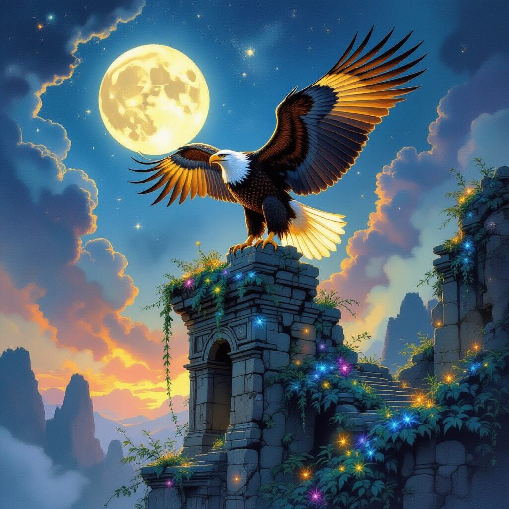 Golden Eagle on Ruin with Bioluminescent Flora