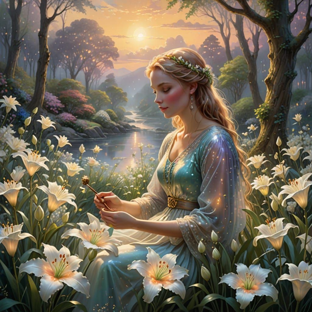 Golden Sunrise Goddess Amidst Floating Lilies of the Valley ...