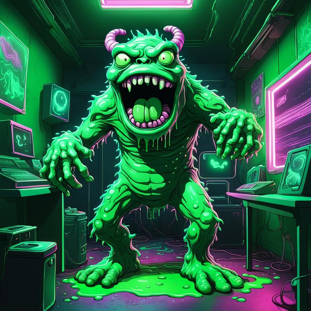 A green monster throwing up green goo in a green room #2