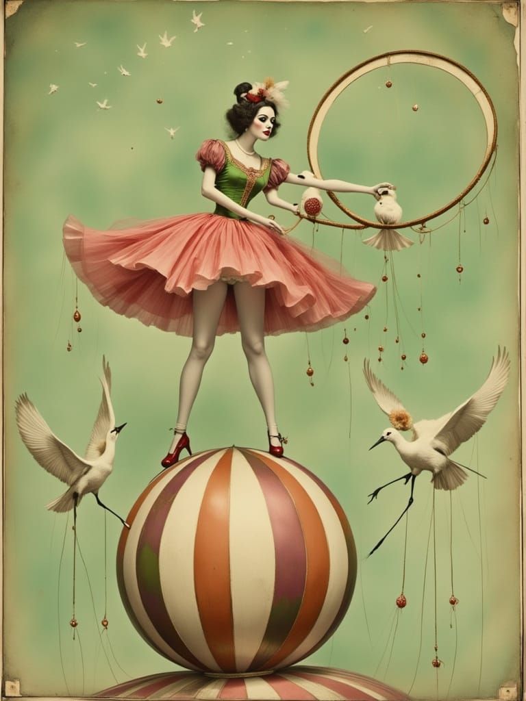 Surreal Painting Depicts Delicate Figure on Striped Ball in ...