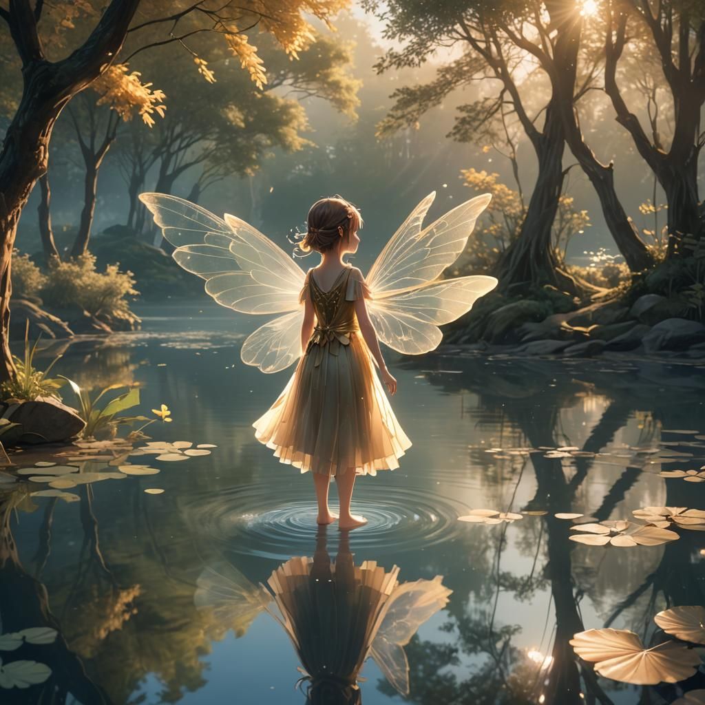 Anime Fairy Girl at Mystical Lake Reflection