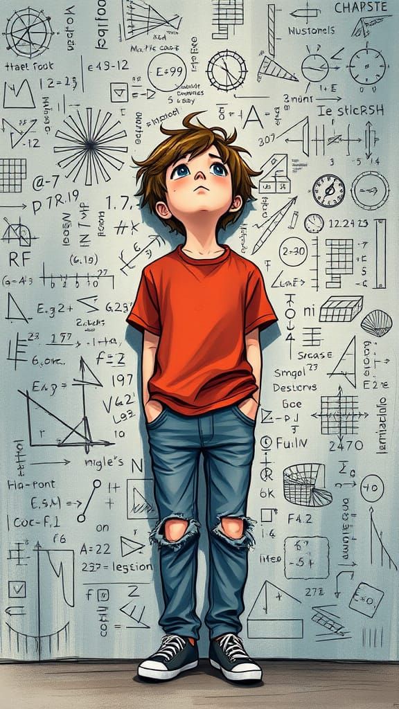 Melancholic Boy Contemplates Math in Ghibli Style