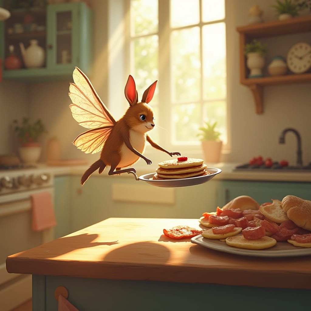 Flying Frying Pan Flips Pancakes: Storybook Illustration