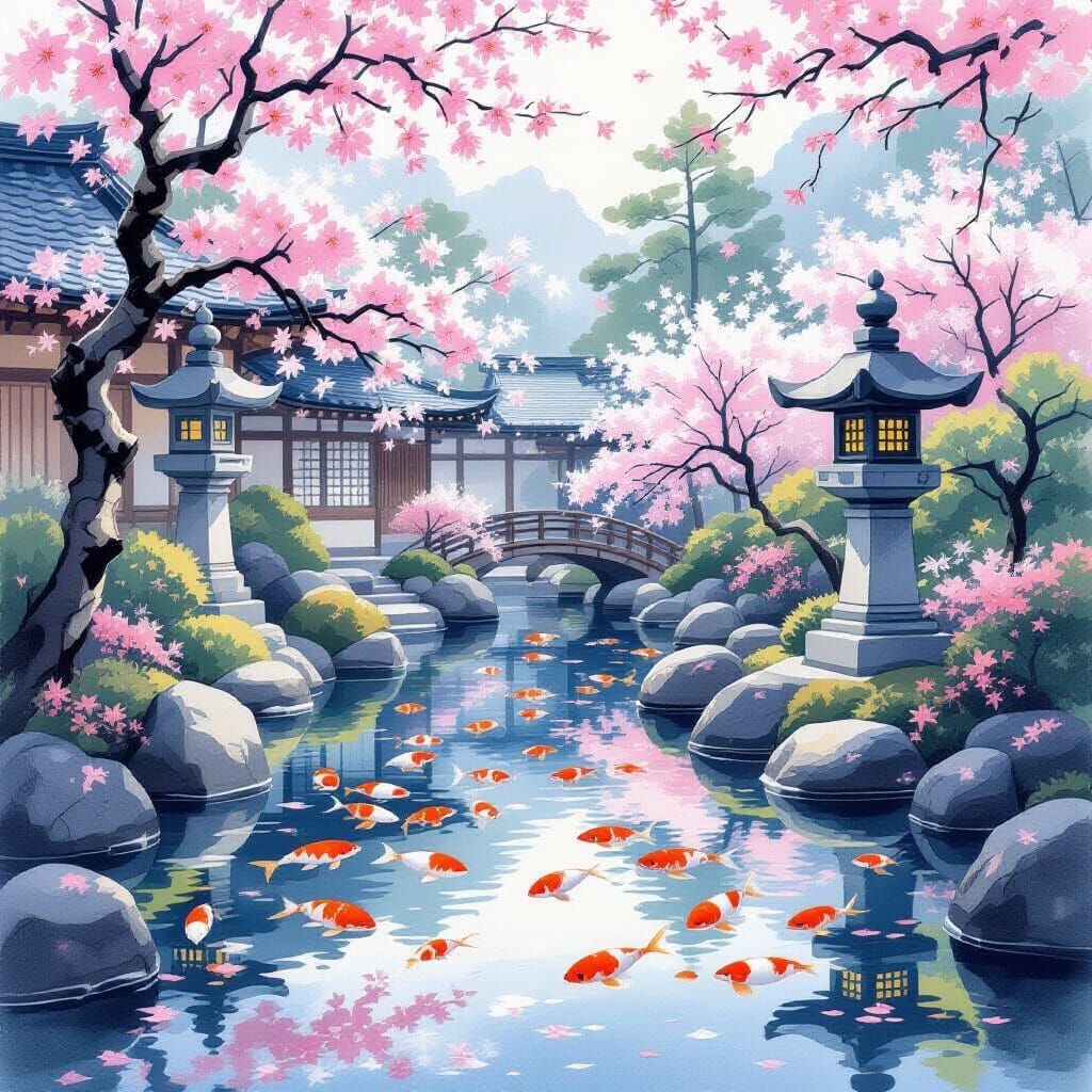 Serene Japanese Zen Garden with Koi Pond and Cherry Blossoms