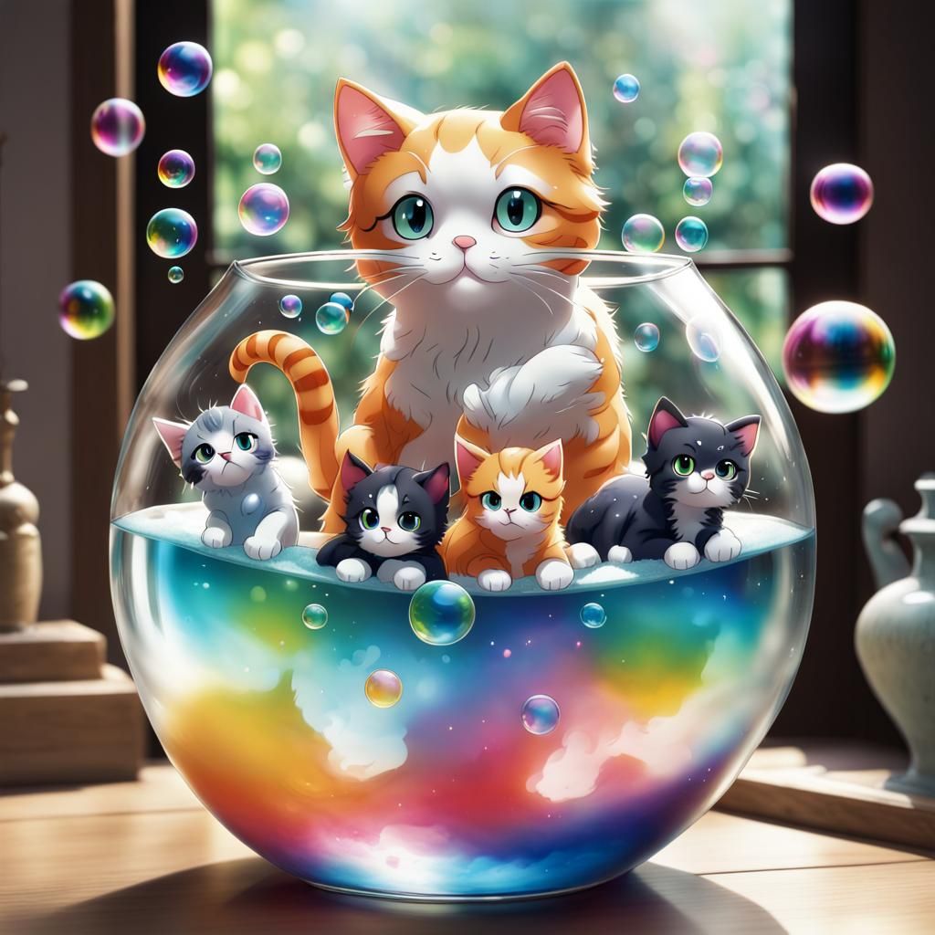 A colorful glass blown cat with kittens blowing bubbles and colored foam at the bottom of the glass. by artist "anime", ...