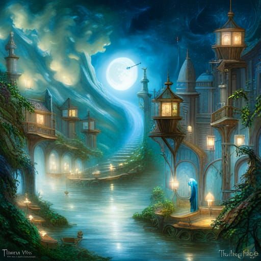 Magic Library Ship in Ethereal Moonlight Fantasy