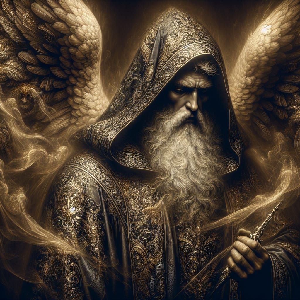 Sorrowful Angel Cloaked in Silver and Gold Haze