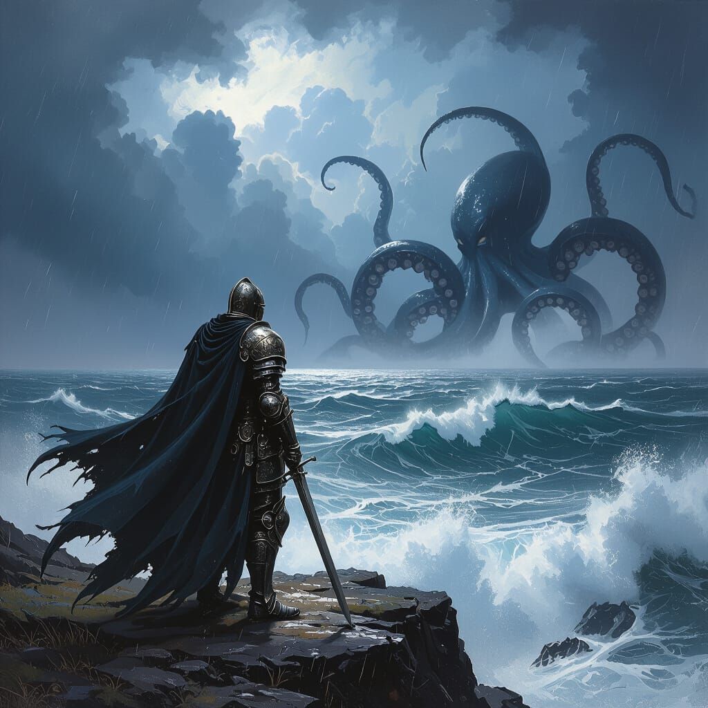 Knight Confronts Colossal Kraken on Stormy Sea Cliff