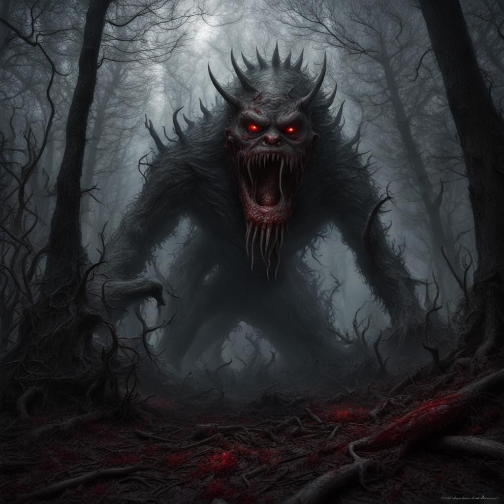 Creepy Forest Monster with Fangs in Mist