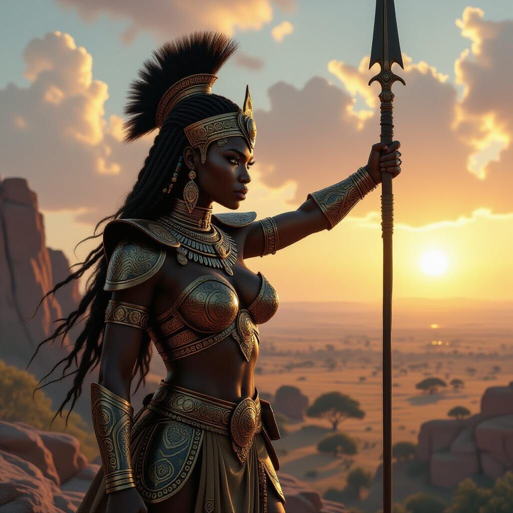 African Warrior Queen on the Savanna, Dark Fantasy Art