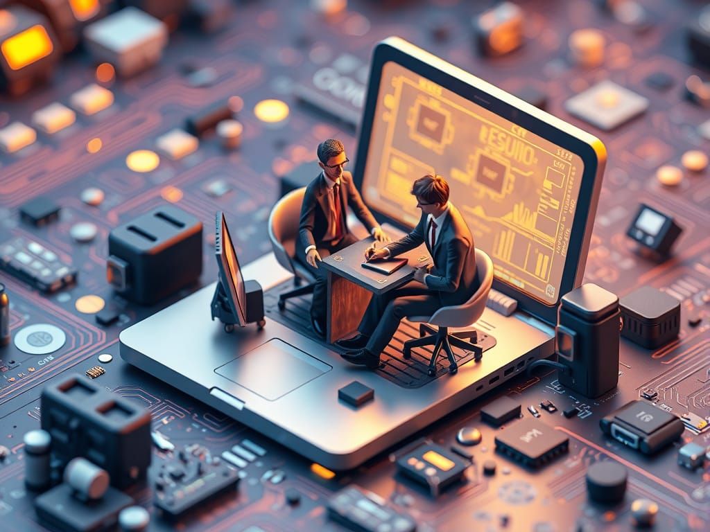 Corporate Team Works Inside Whimsical Laptop