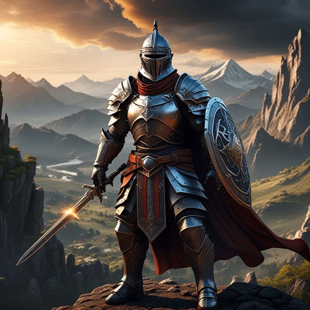 Knight Wielding Glowing Sword on Mountain Precipice