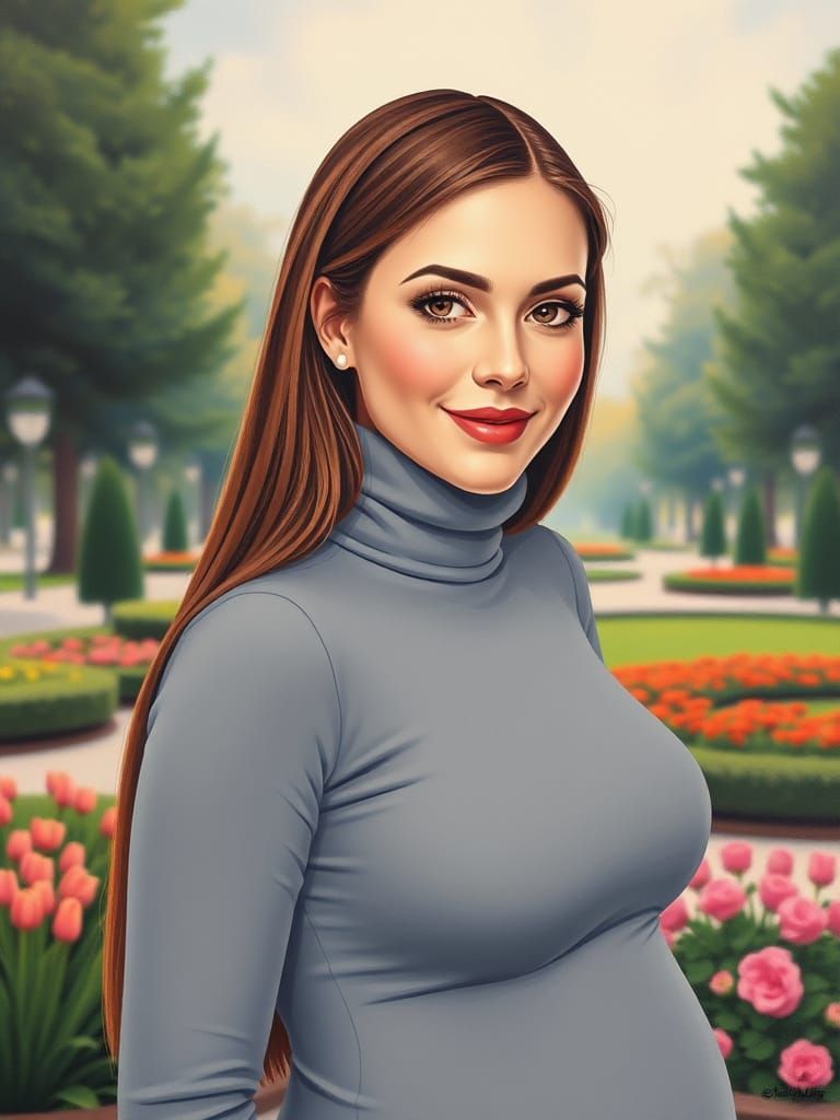 Minimalist Oil Painting: Pregnant Woman in Garden