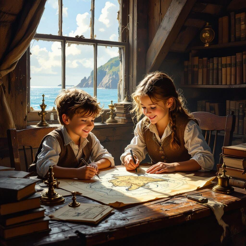 Children Map Uncharted Island in Sunlit Study