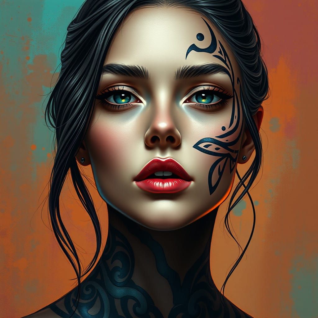 Ethereal Female Portrait with Vibrant Tribal Tattoo in Cyber...