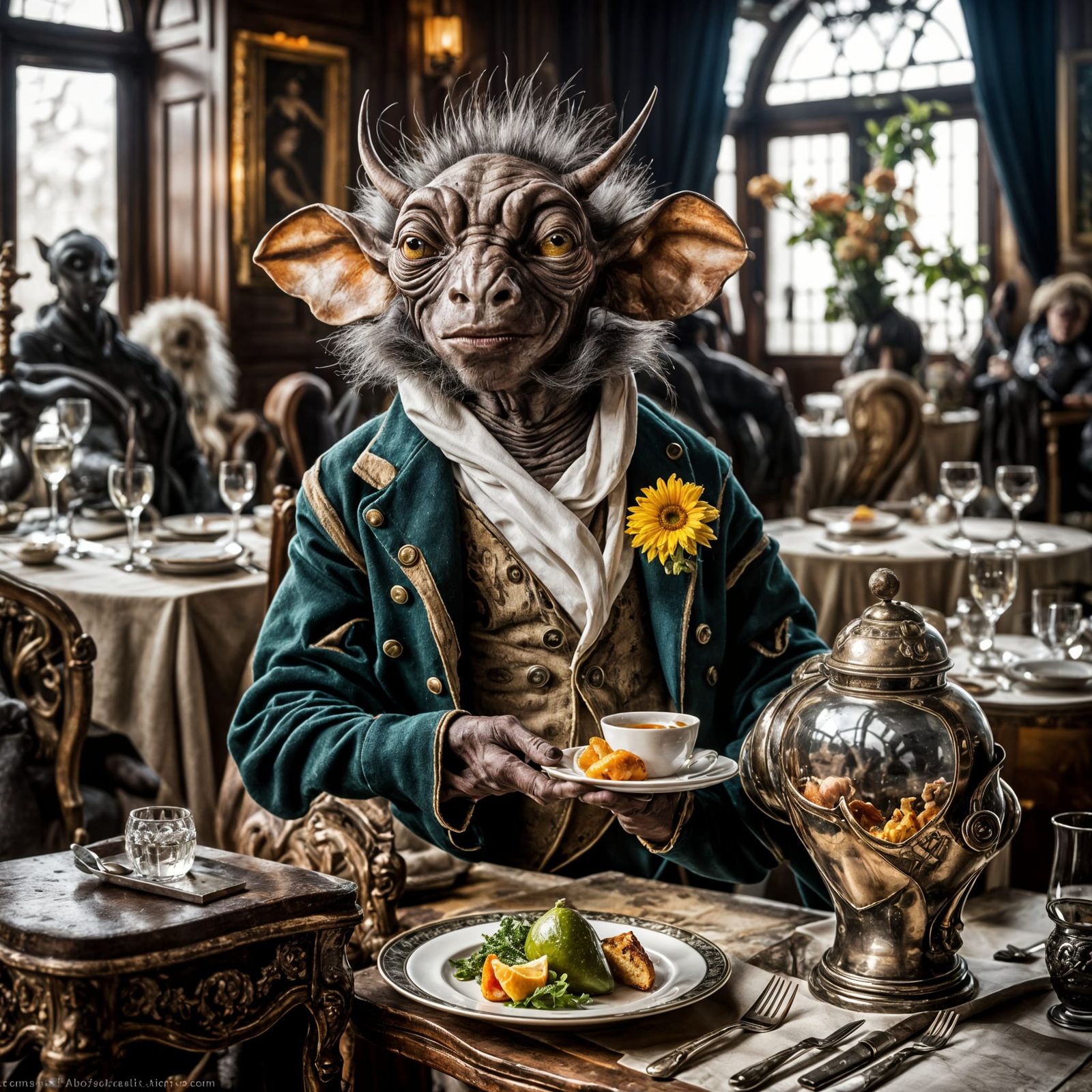 Exotic Aliens Celebrate: A Surreal Fine-Dining Scene
