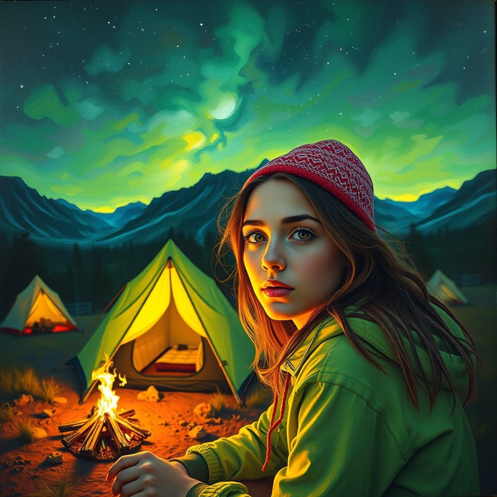 Stunning Woman Camping: Neon Green Oil Painting