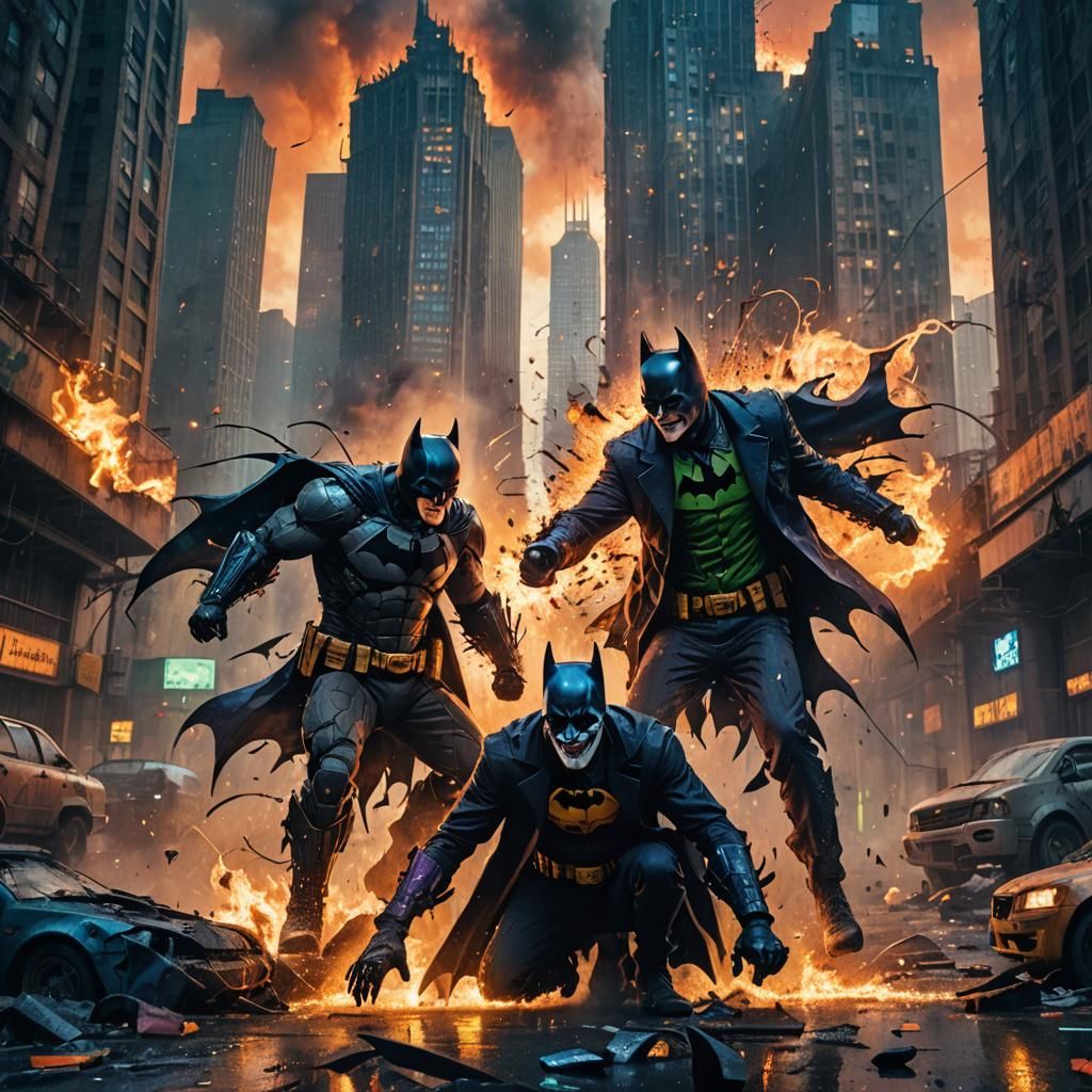 Batman vs Joker in Gotham Ruins, Vibrant Concept Art
