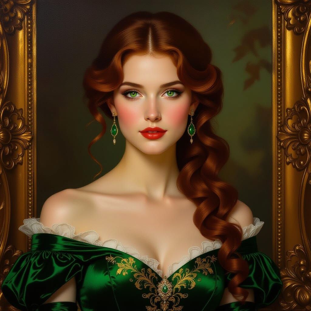 Regal Young Woman in Ornate Gown, Oil Painting