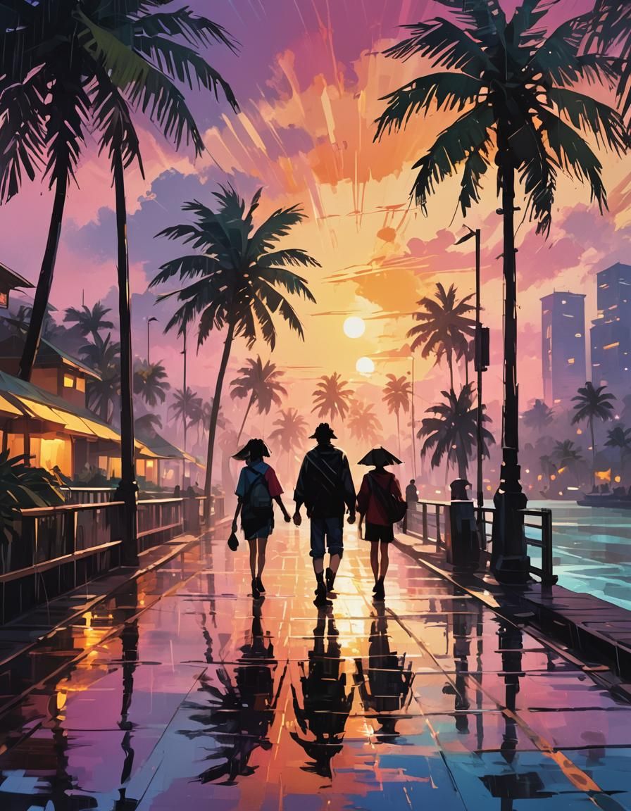 Sunset Pier Walk in Studio Trigger Anime Style