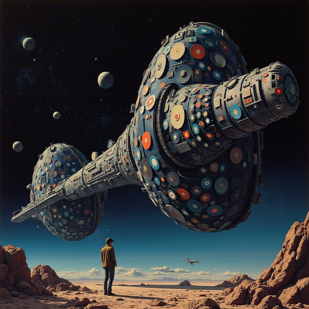 Futuristic Space Station Made from Vinyl Records in a Galaxy