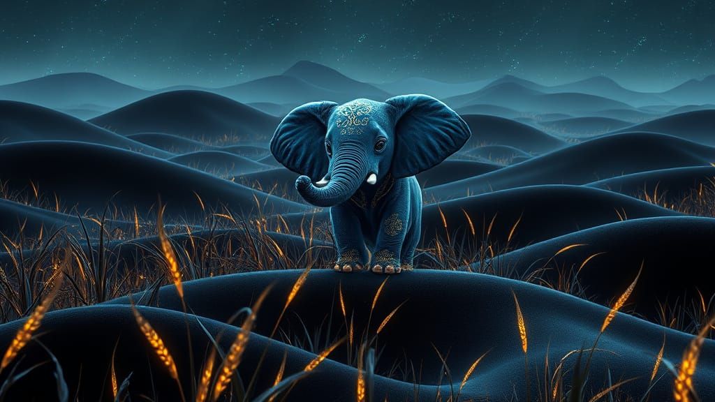 Surreal Elephantgrass Landscape with Bioluminescent Baby Ele...