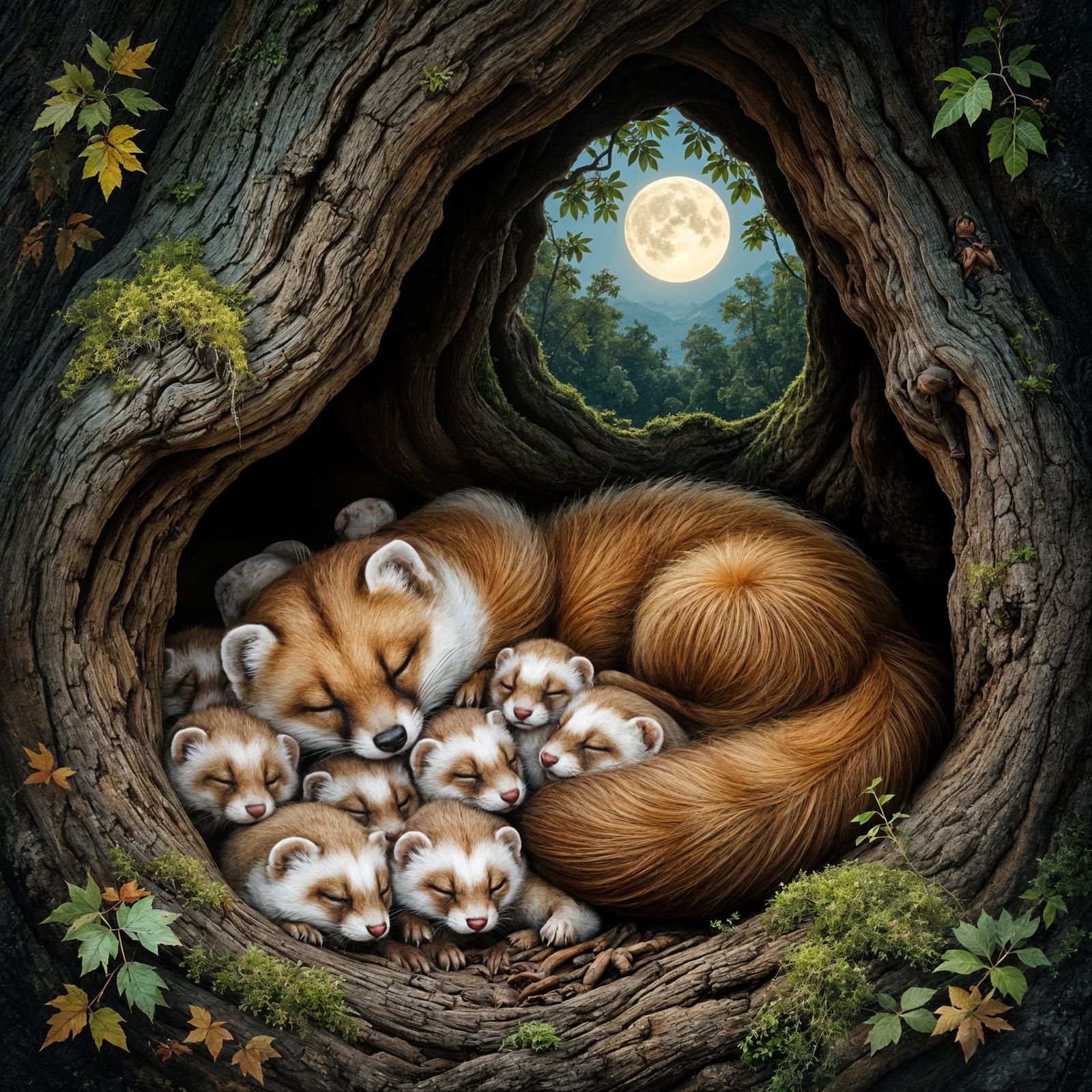 Weasel Sleeps Peacefully With Ferrets in Tree Hollow