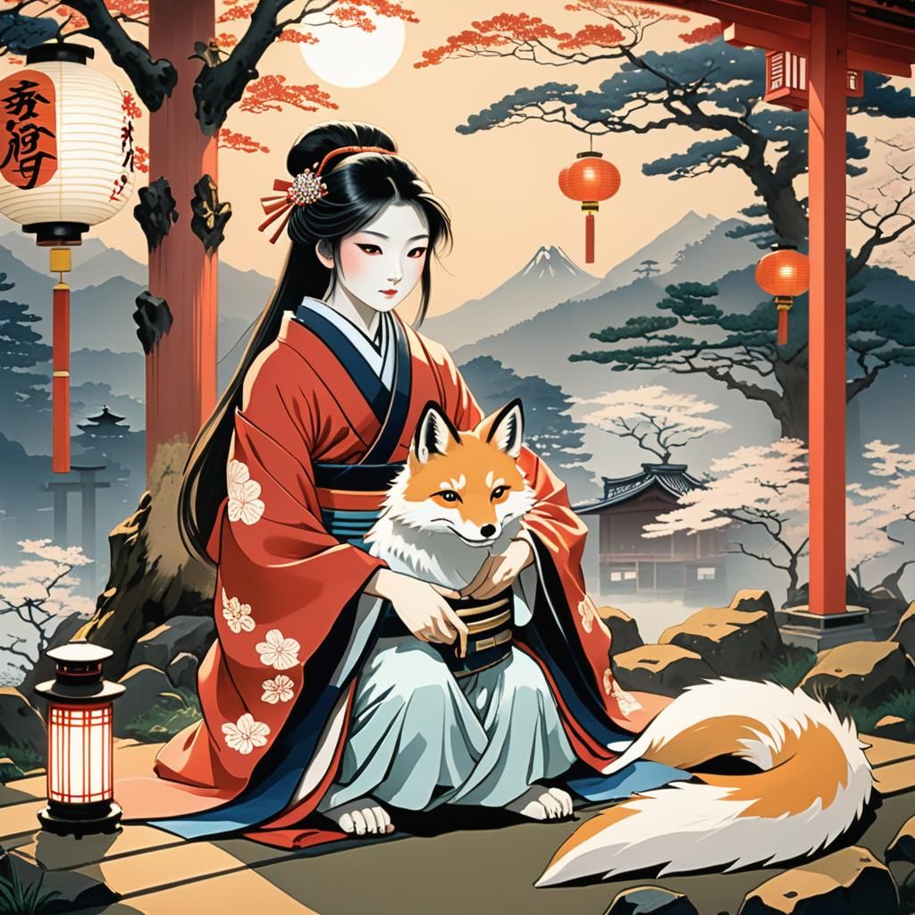 Miko and Fox Spirit in Ukiyo-e Style