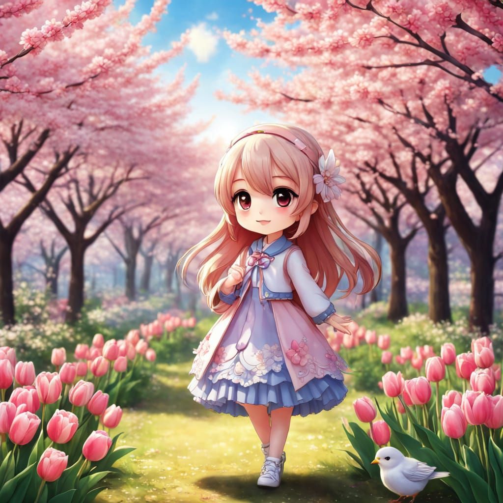 Charming Chibi Girl in Vibrant Dawn Garden