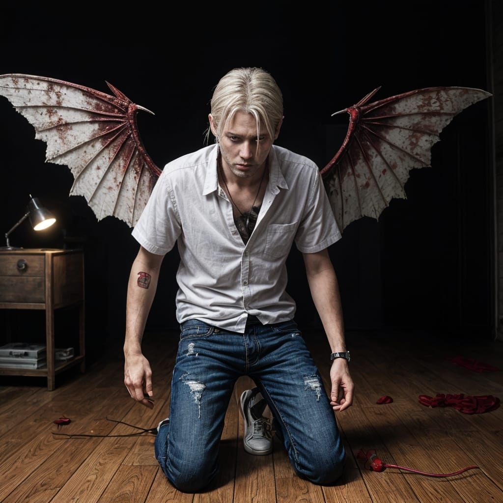 Wounded Vampire Kneeling in Abandoned Apartment