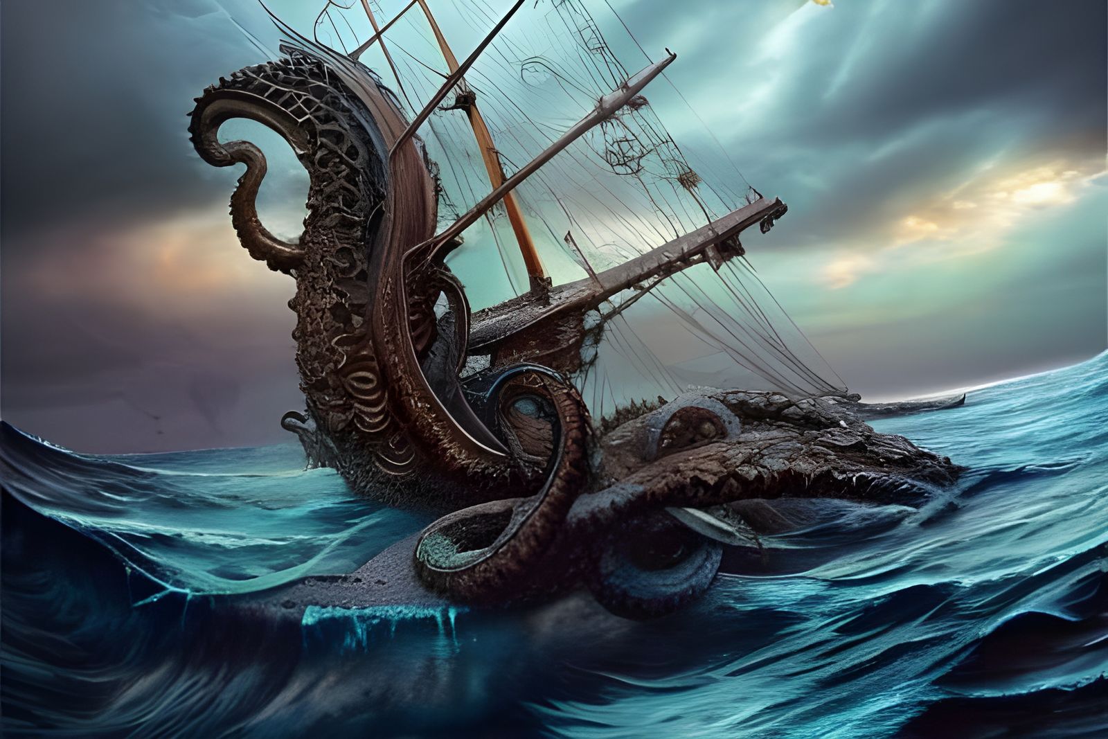Kraken Attacks Sailing Ship: Detailed Fantasycore Artwork