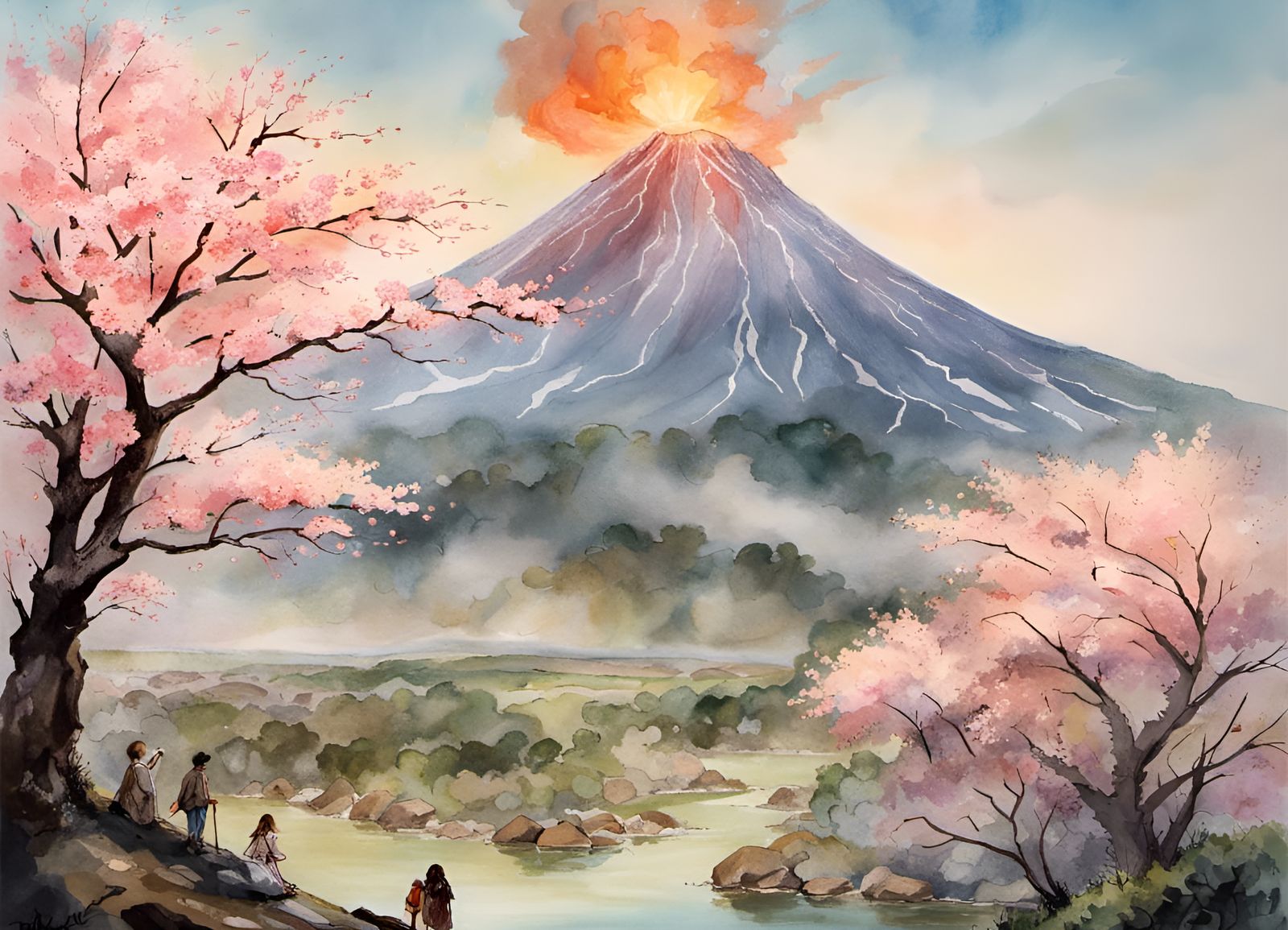Sakura Volcano Eruption: Watercolor Painting