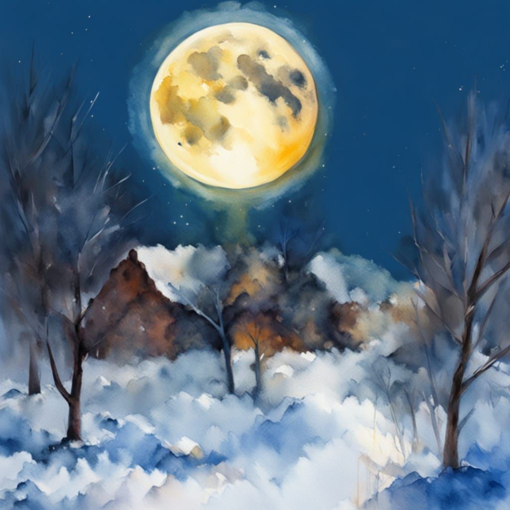 Impressionist Winter Night Under Full Moon