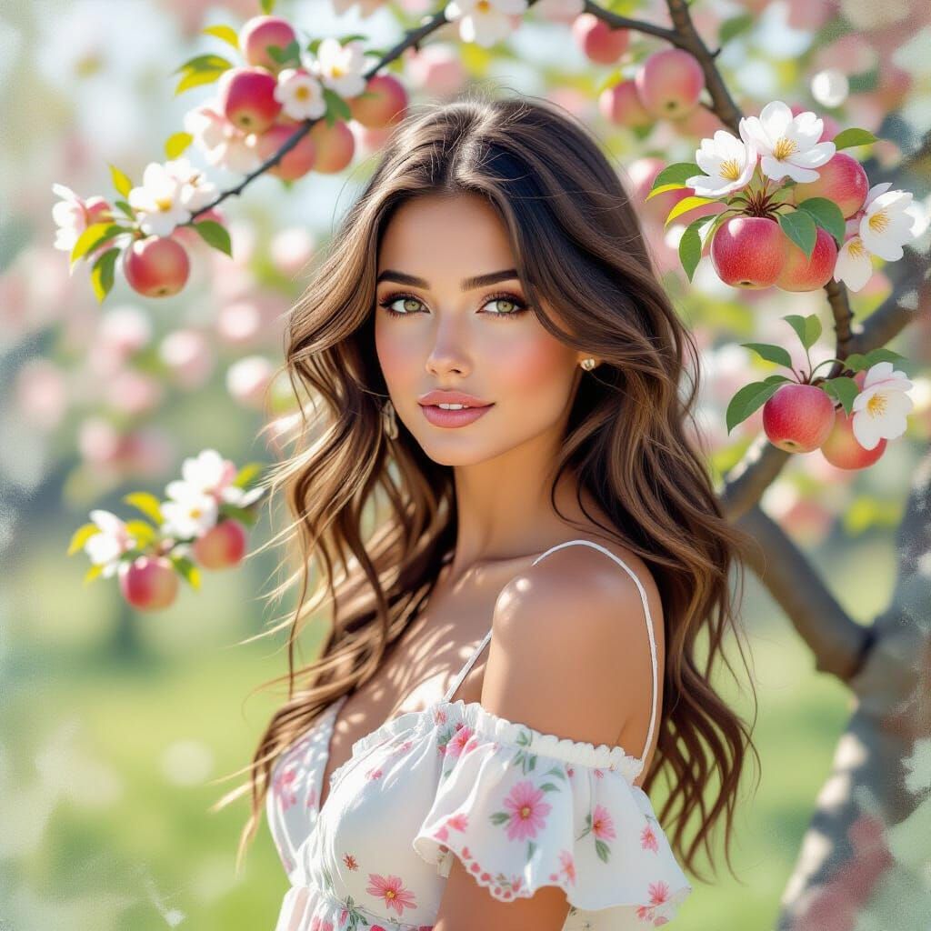 Spring Woman Amidst Blooming Apple Tree in Watercolor