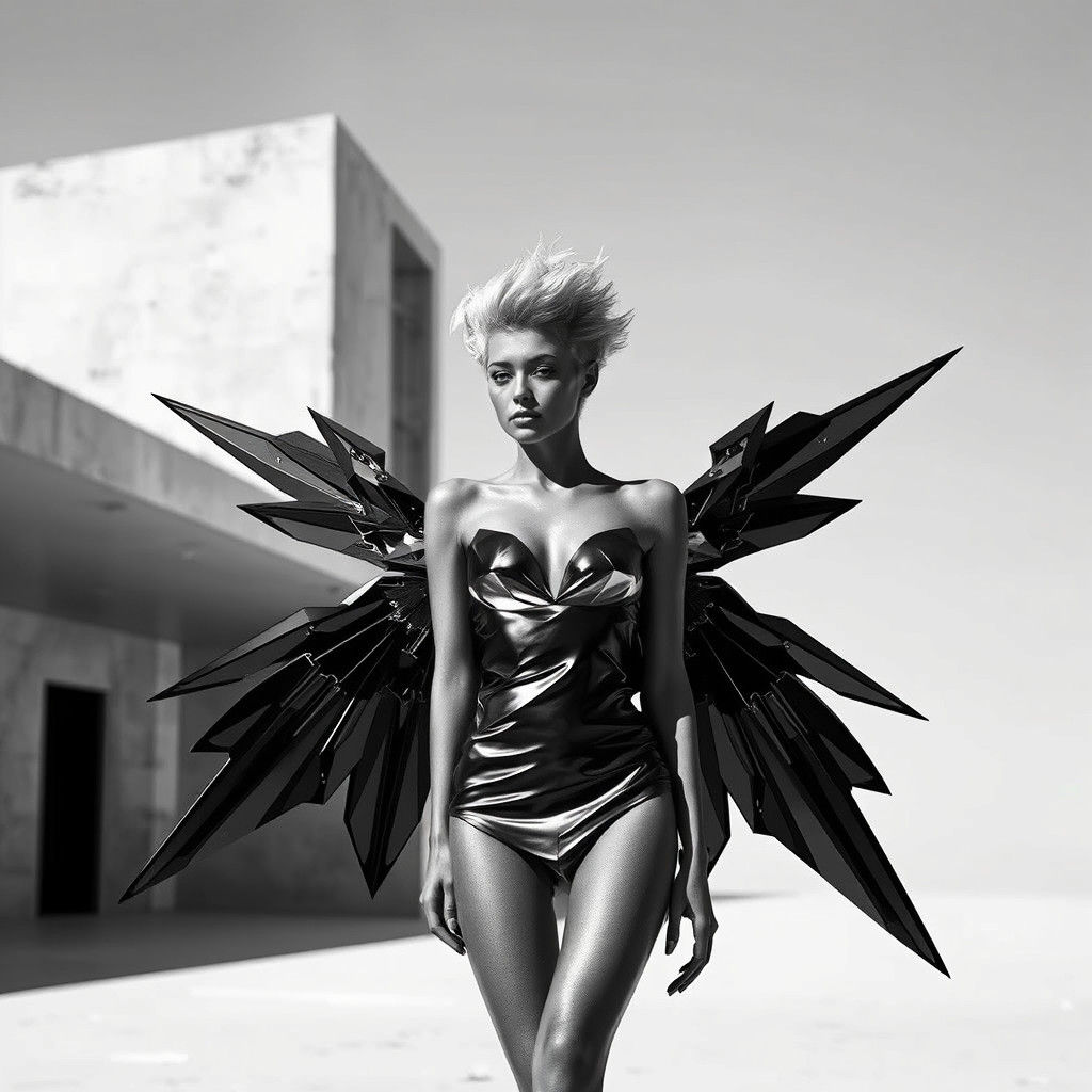 Geometric Winged Model in Dada-Inspired Fashion Photograph