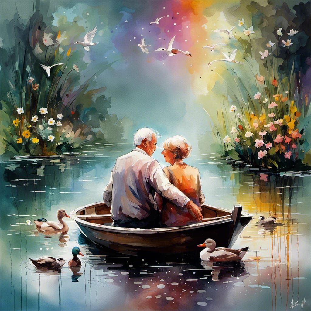 Romantic Old Couple on Pond, Watercolor Painting