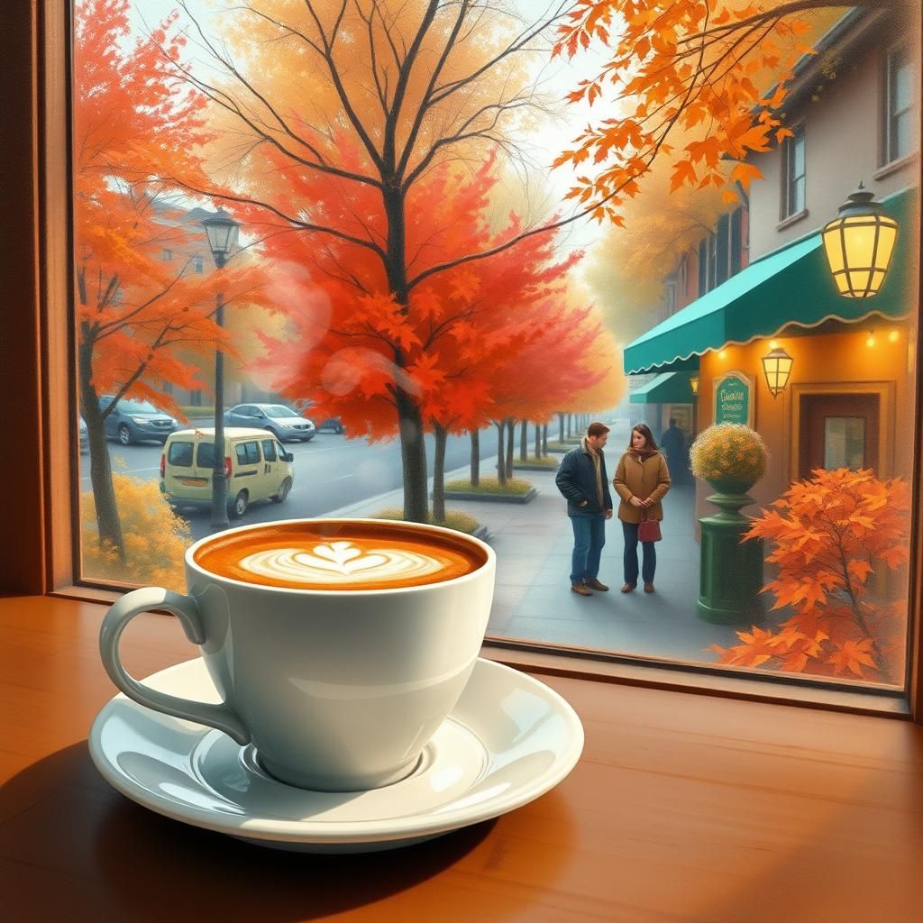 Autumn Cafe Scene with Coffee Cup Watercolor