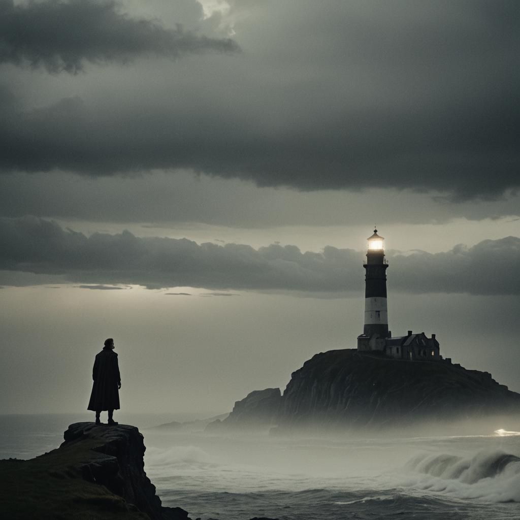 Shakespeare on a Moonlit Cliff: Cinematic Film Still