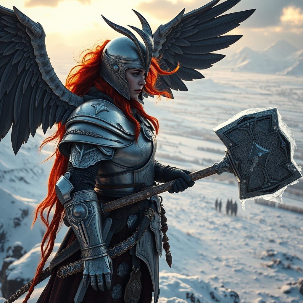 Norse Warrior on Snowy Peak, Hyperrealistic Fantasy Art