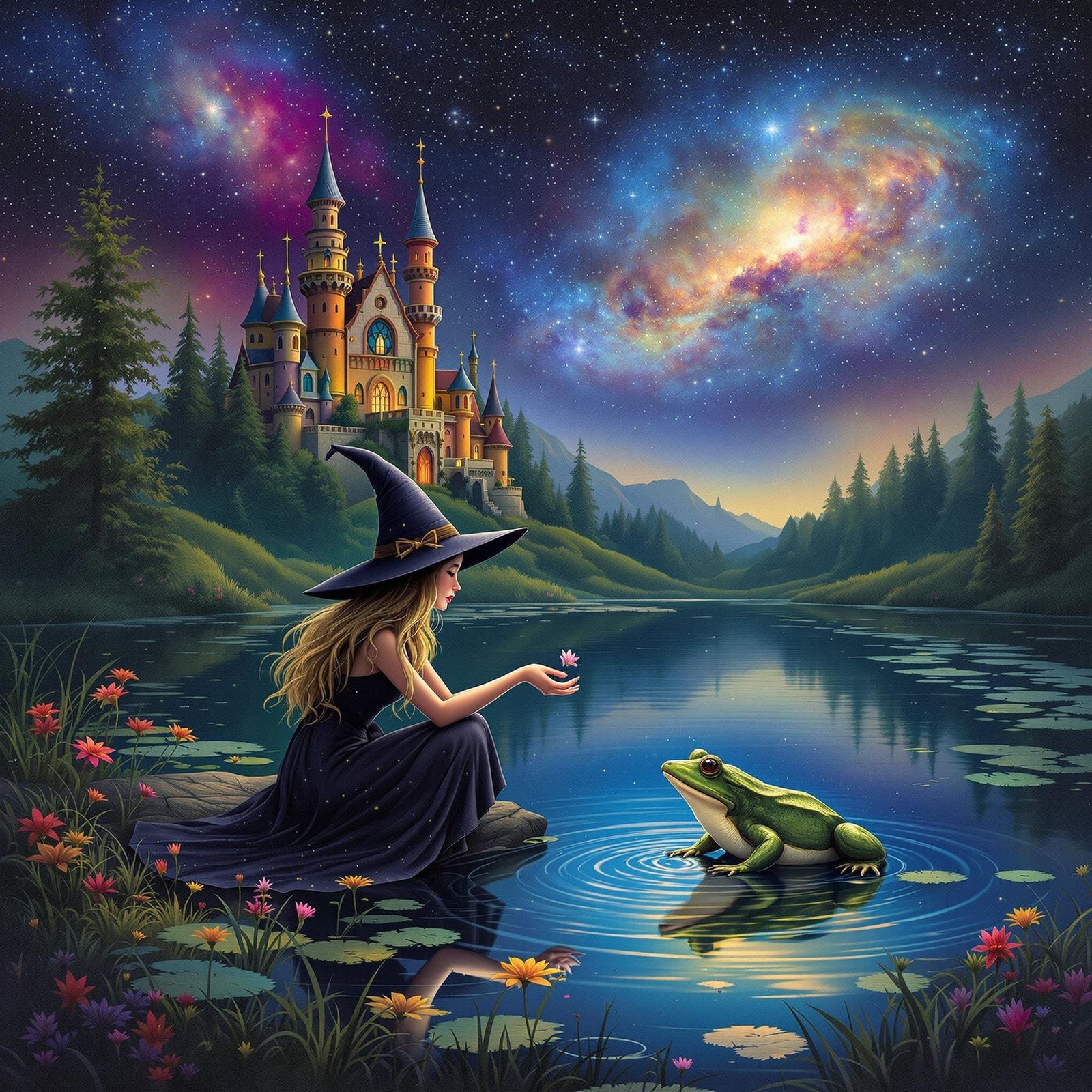 Good Witch Feeding Bullfrog at Magical Pond