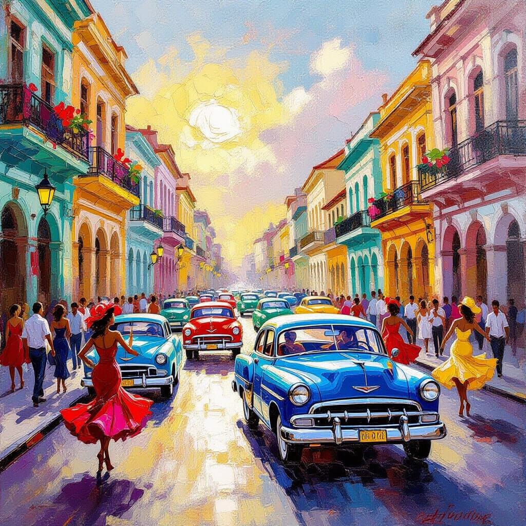 Vibrant Havana Street Scene with Classic Cars and Dancers
