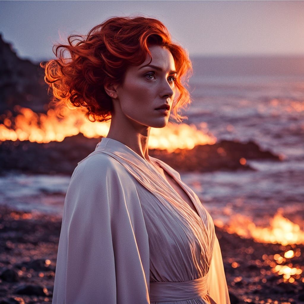 Redhead Woman at Volcanic Beach in Film Noir Style