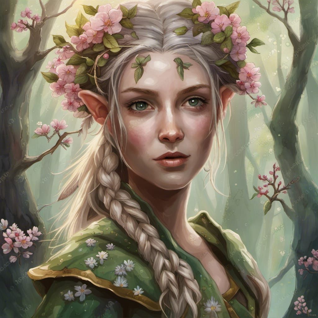 Enchanting Wood Elf in Forest with Blossoms