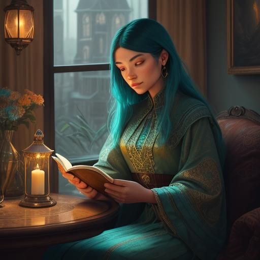 Cozy Evening Reading in Art Nouveau Style