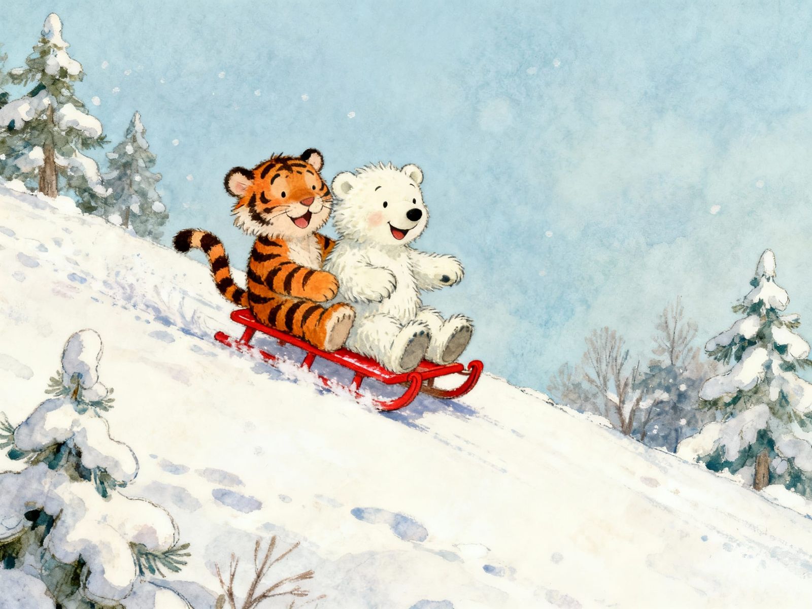 Cute Tiger and Polar Bear Sledding Joyfully in Storybook Sty...
