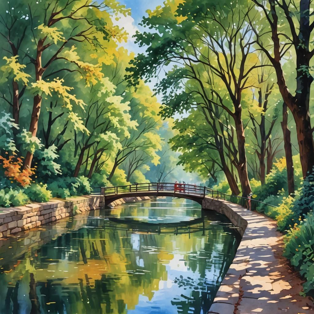 Gouache Style River Walk Impressionist Masterpiece