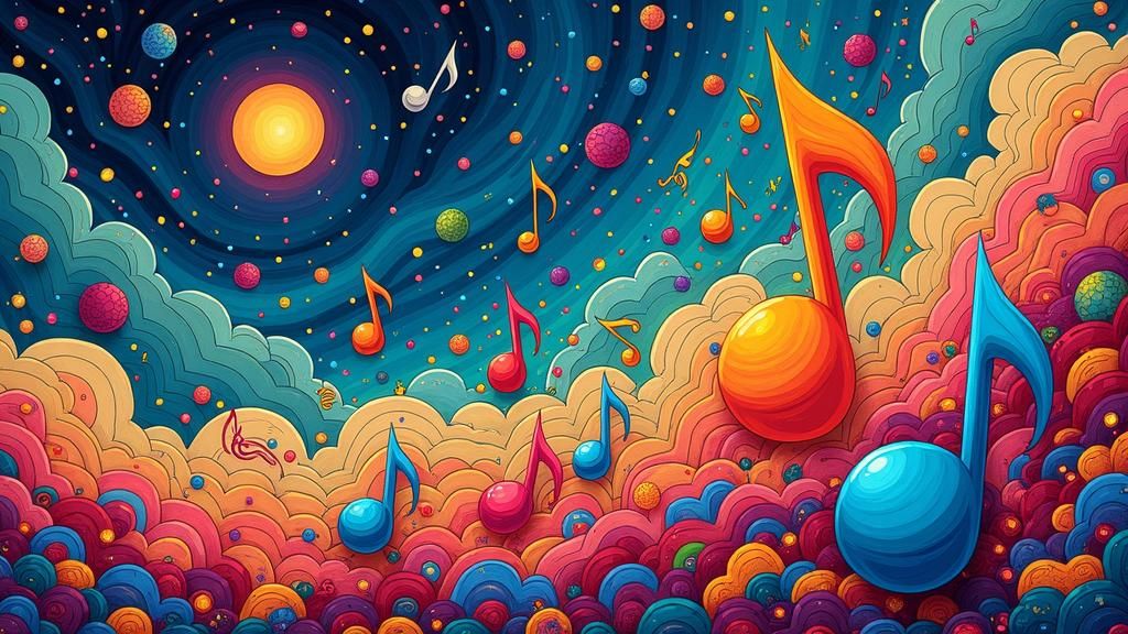 Whimsical Musical Notes Roam Harmonious Landscape