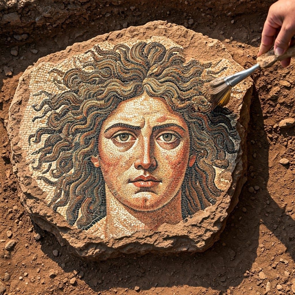 A damaged Roman mosaic of Medusa being uncovered by archaeologists